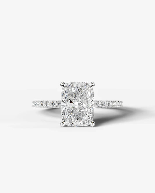 Elongated cushion Cut Solitaire Lab Grown Diamond Engagement Ring with Pavé Band | D VS1
