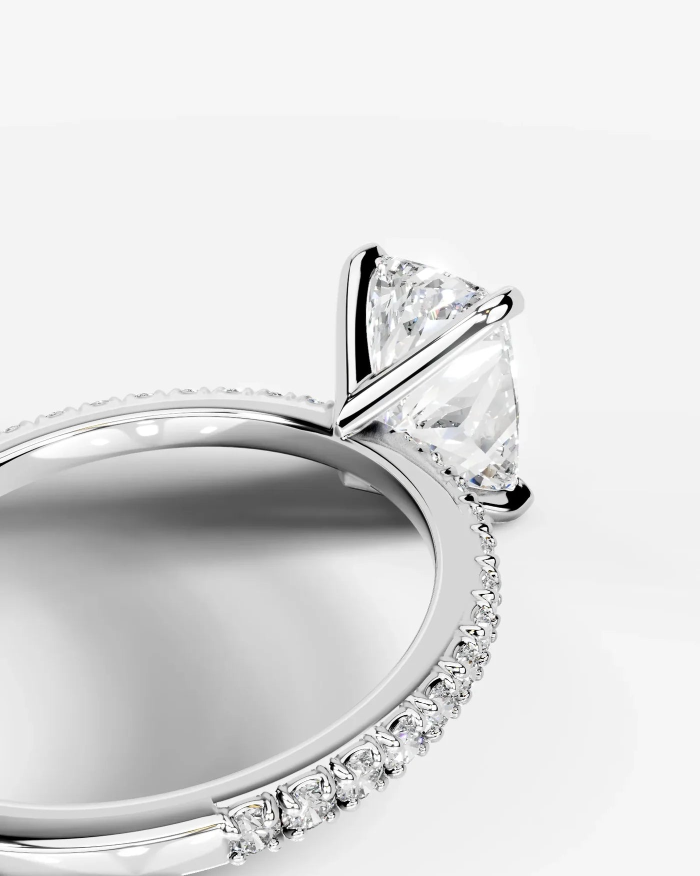 Elongated cushion Cut Solitaire Lab Grown Diamond Engagement Ring with Pavé Band | D VS1