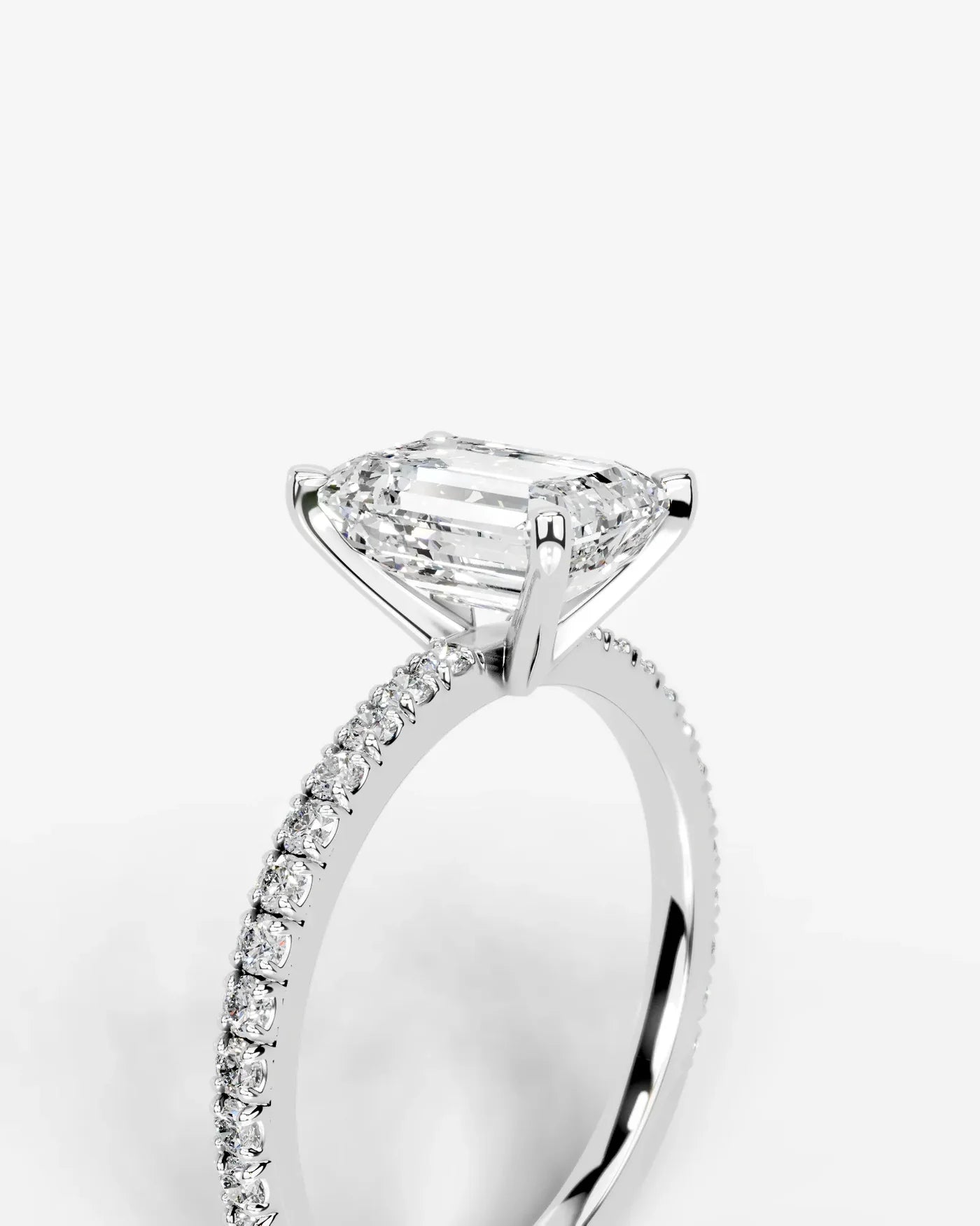 Emerald Cut Solitaire Lab Grown Diamond Engagement Ring with Pavé Band | D VS1
