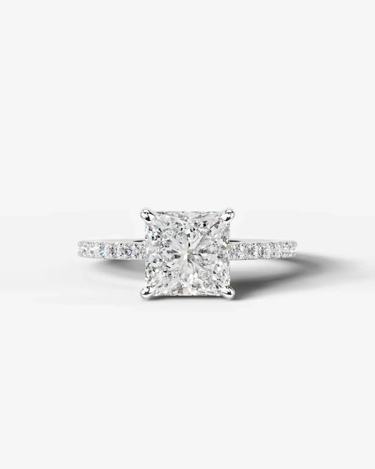 Princess Cut Solitaire Lab Grown Diamond Engagement Ring with Pavé Band | D VS1