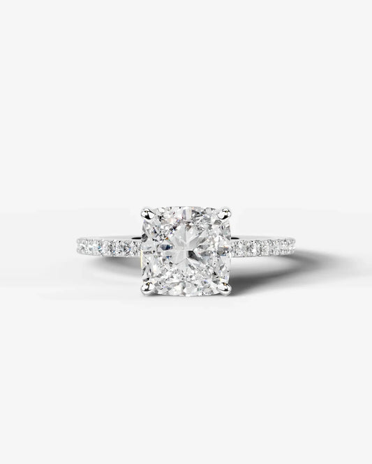 Cushion Cut Solitaire Lab Grown Diamond Engagement Ring with Pavé Band | D VS1