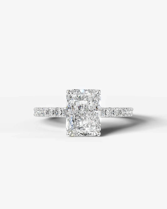 Radiant Cut Hidden Halo Lab Grown Diamond Engagement Ring with Pavé Band and Four-Prong Setting| D VS1