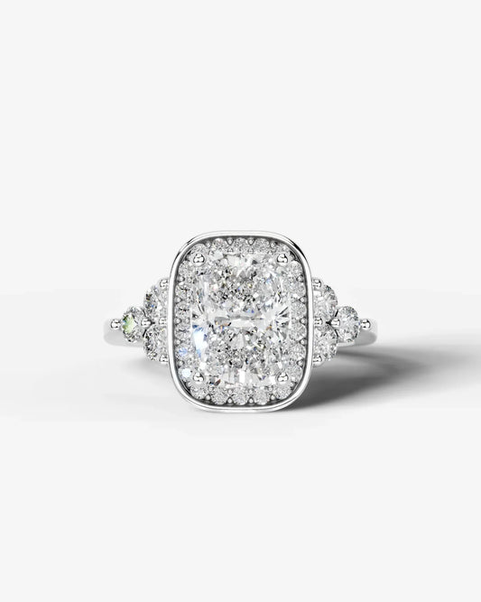 Radiant Cut Halo Lab Grown Diamond Engagement Ring with Side Stones| D VS1