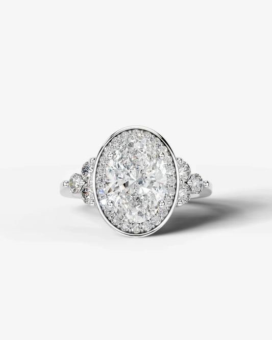 Oval Cut Halo Lab Grown Diamond Engagement Ring with Side Stones| D VS1
