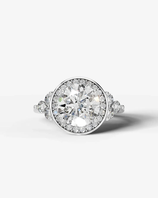 Round Cut Halo Lab Grown Diamond Engagement Ring with Side Stones| D VS1