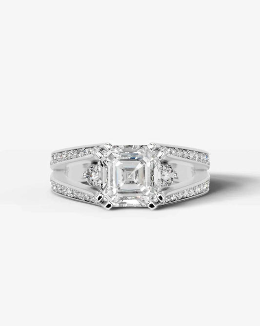 Asscher Cut Lab Diamond Engagement Ring with split shank pave band and hidden halo| D VS1
