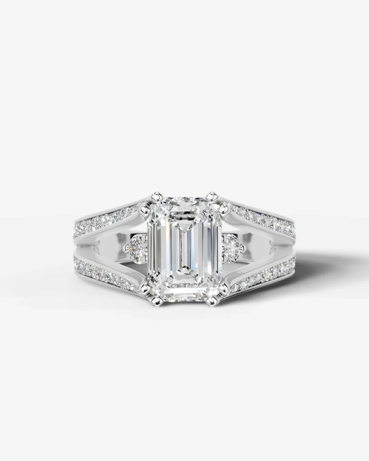 Emerald Cut Lab Diamond Engagement Ring with split shank pave band and hidden halo| D VS1