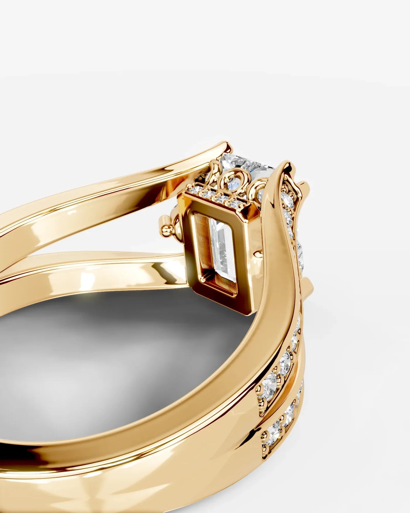 Emerald Cut Lab Diamond Engagement Ring with split shank pave band and hidden halo| D VS1
