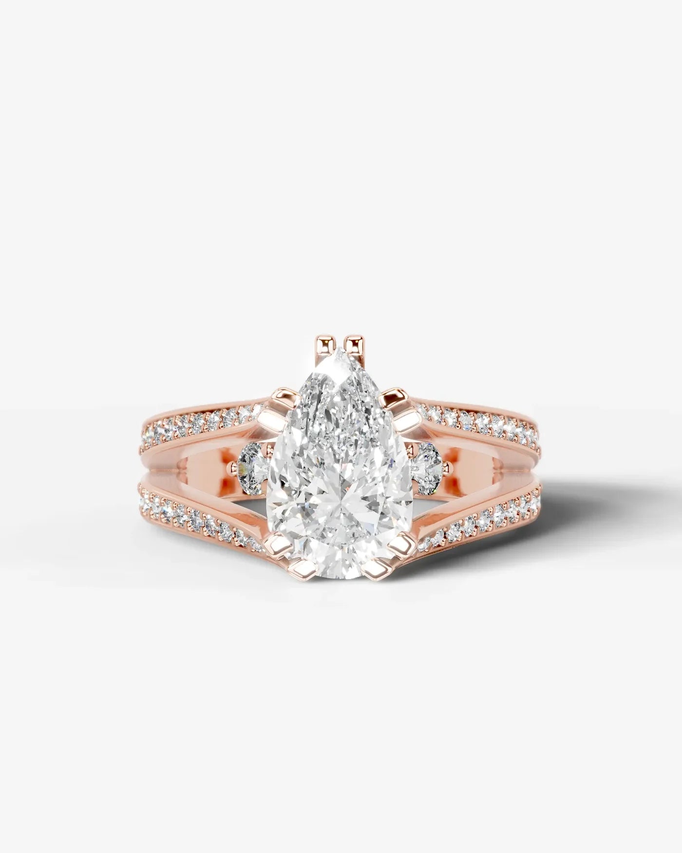 Pear Cut Lab Diamond Engagement Ring with split shank pave band and hidden halo| D VS1