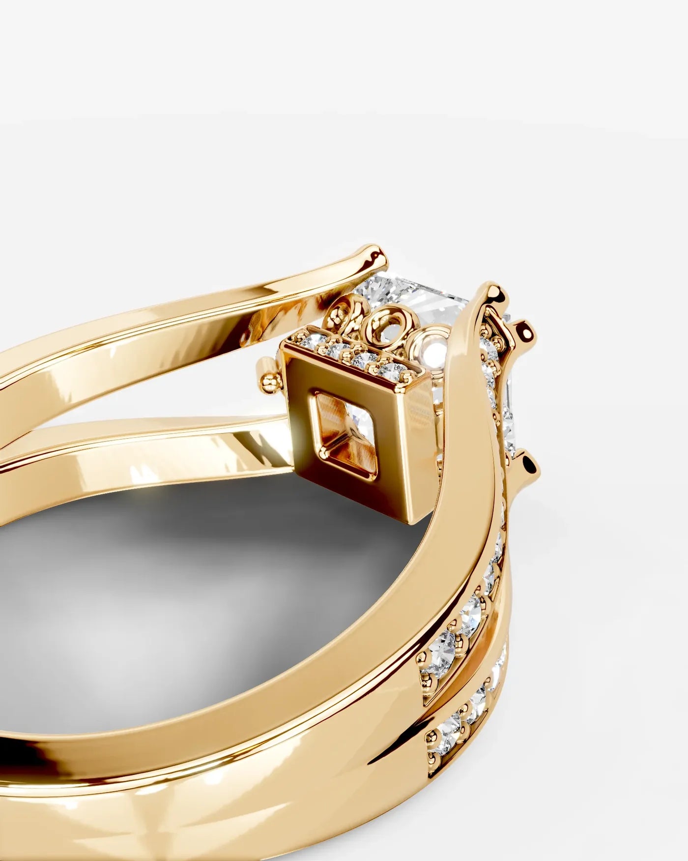 Cushion Cut Lab Diamond Engagement Ring with split shank pave band and hidden halo| D VS1