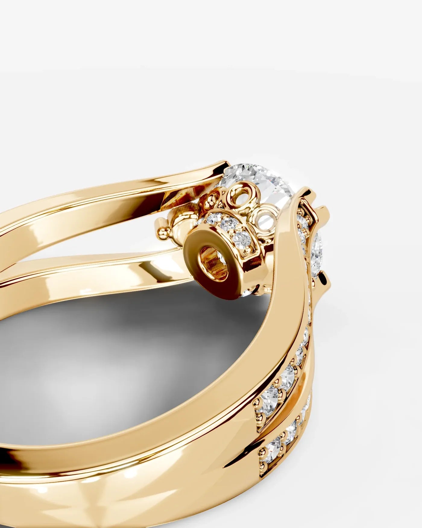 Round Cut Lab Diamond Engagement Ring with split shank pave band and hidden halo| D VS1