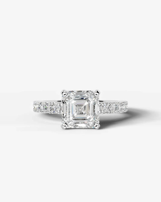 Asscher Cut Solitaire Lab Grown Diamond Engagement Ring with Pavé Band | D VS1