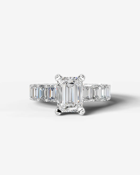 Emerald Cut Lab Diamond Engagement Ring with Emerald cut eternity band and Hidden halo| D VS1