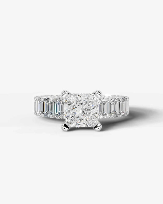 Princess Cut Lab Diamond Engagement Ring with Emerald cut eternity band and Hidden halo| D VS1