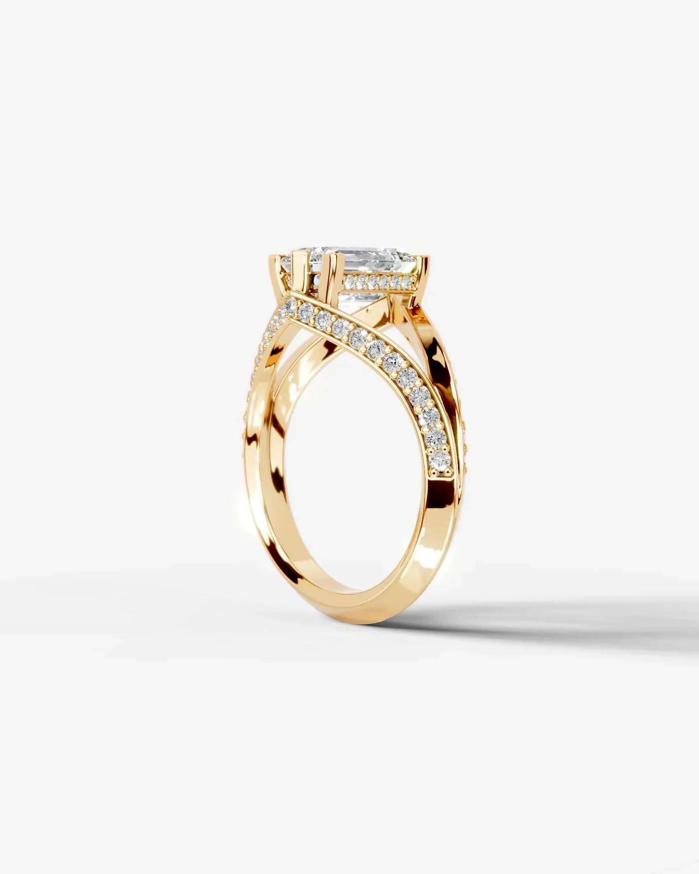 Emerald Cut Lab Diamond Engagement Ring with fancy split shank pave band and hidden halo| D VS1