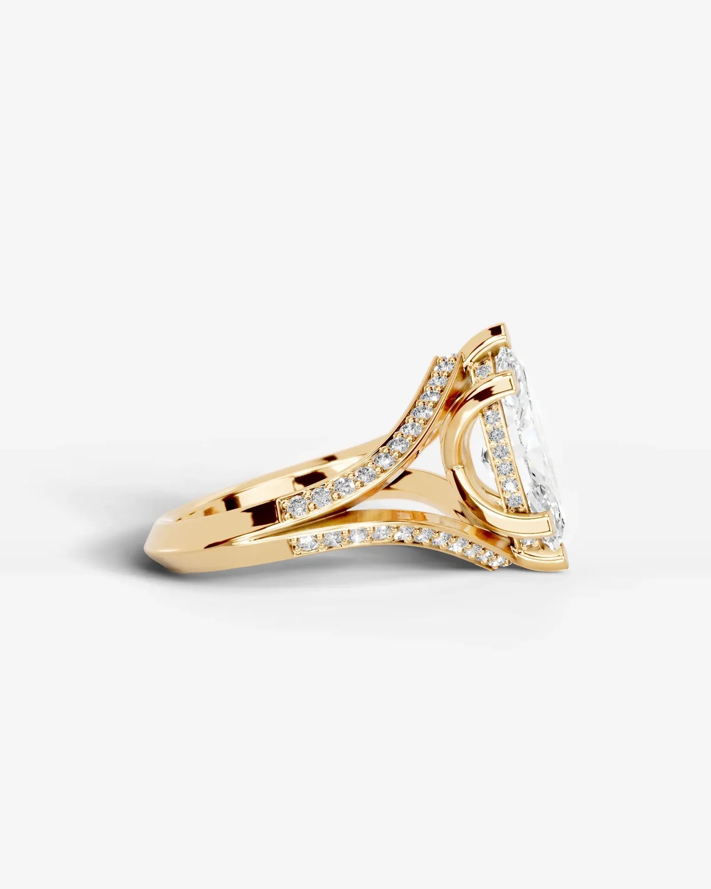 Marquise Cut Lab Diamond Engagement Ring with fancy split shank pave band and hidden halo| D VS1
