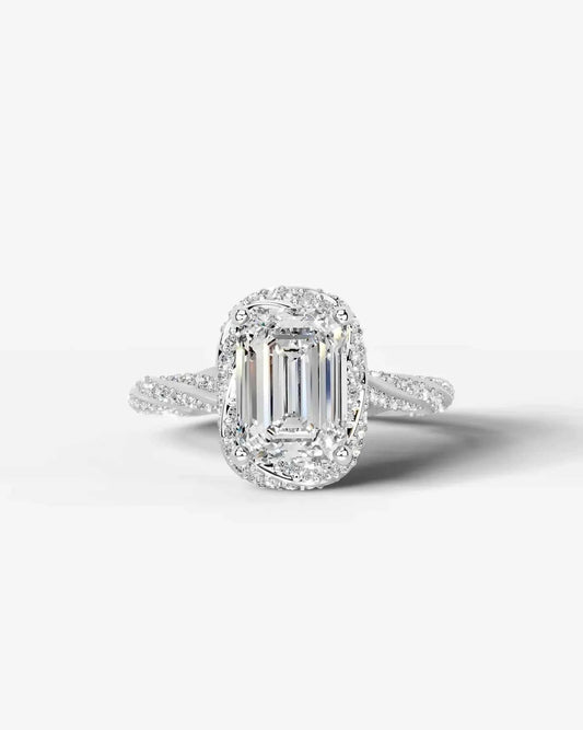 Emerald Cut Lab Diamond Engagement Ring with double halo and twisted pave band| D VS1