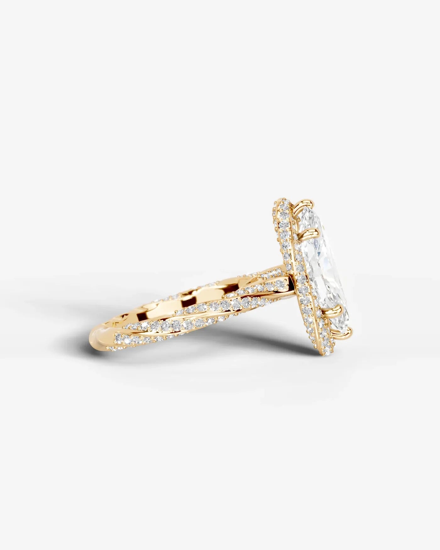Marquise Cut Lab Diamond Engagement Ring with double halo and twisted pave band| D VS1