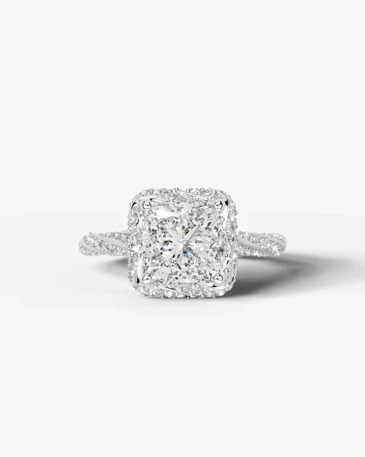 Princess Cut Lab Diamond Engagement Ring with double halo and twisted pave band| D VS1