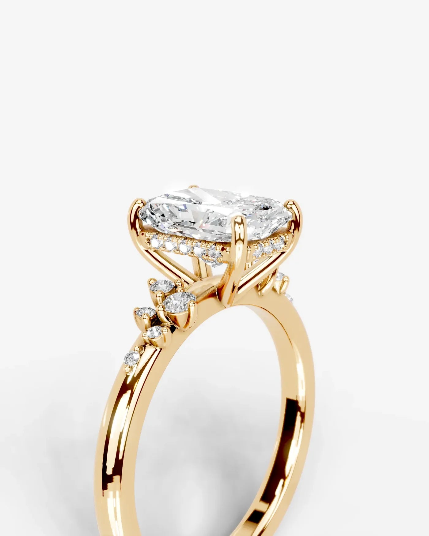 Radiant Cut Lab Diamond Engagement Ring with floral side stones and Hidden halo| D VS1