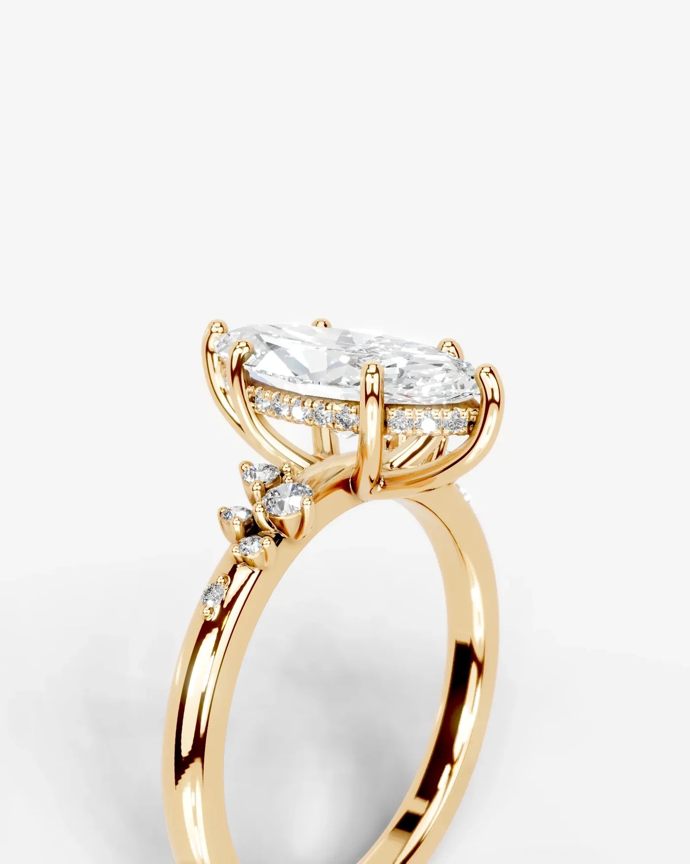 Marquise Cut Lab Diamond Engagement Ring with floral side stones and Hidden halo| D VS1