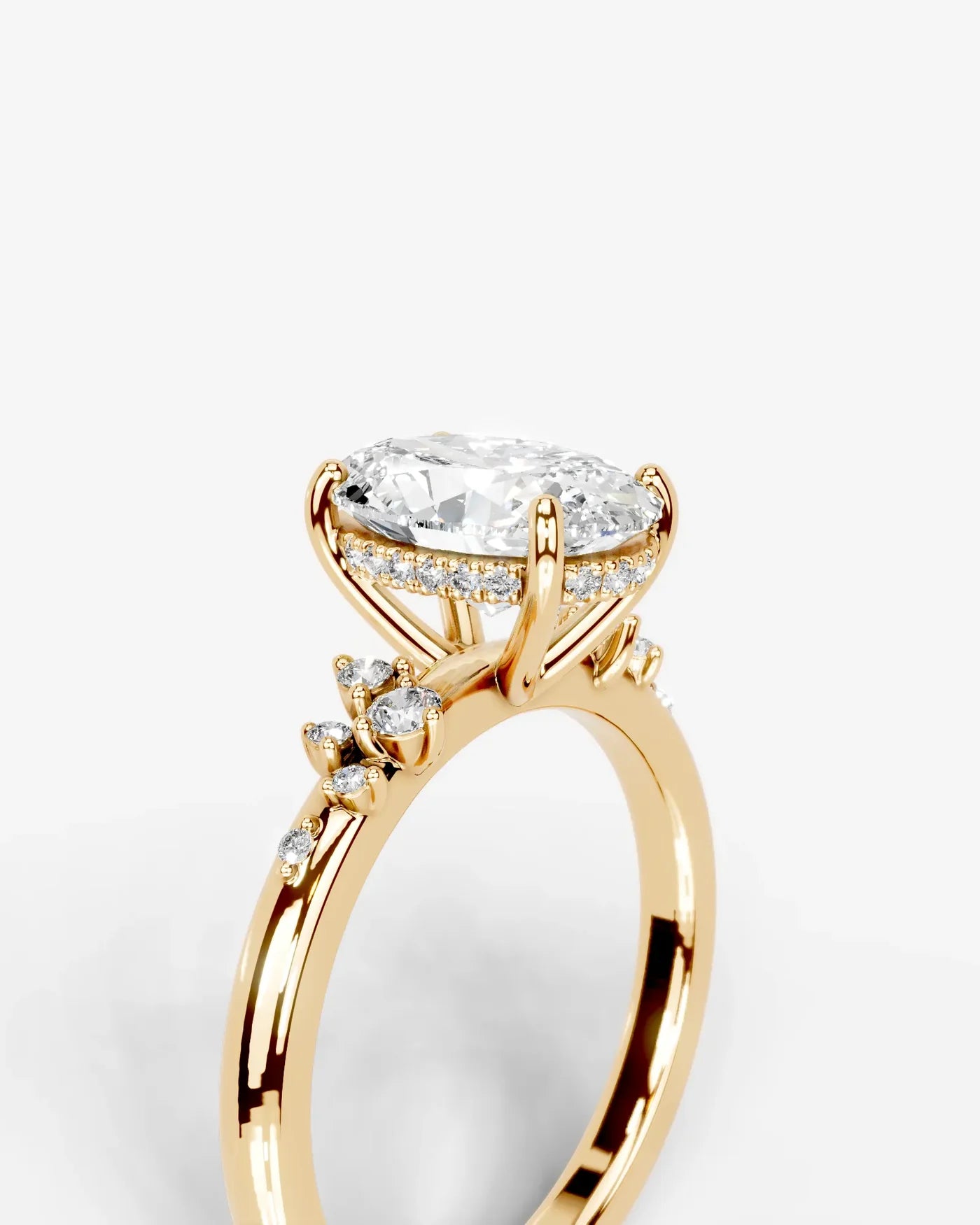 Oval Cut Lab Diamond Engagement Ring with floral side stones and Hidden halo| D VS1