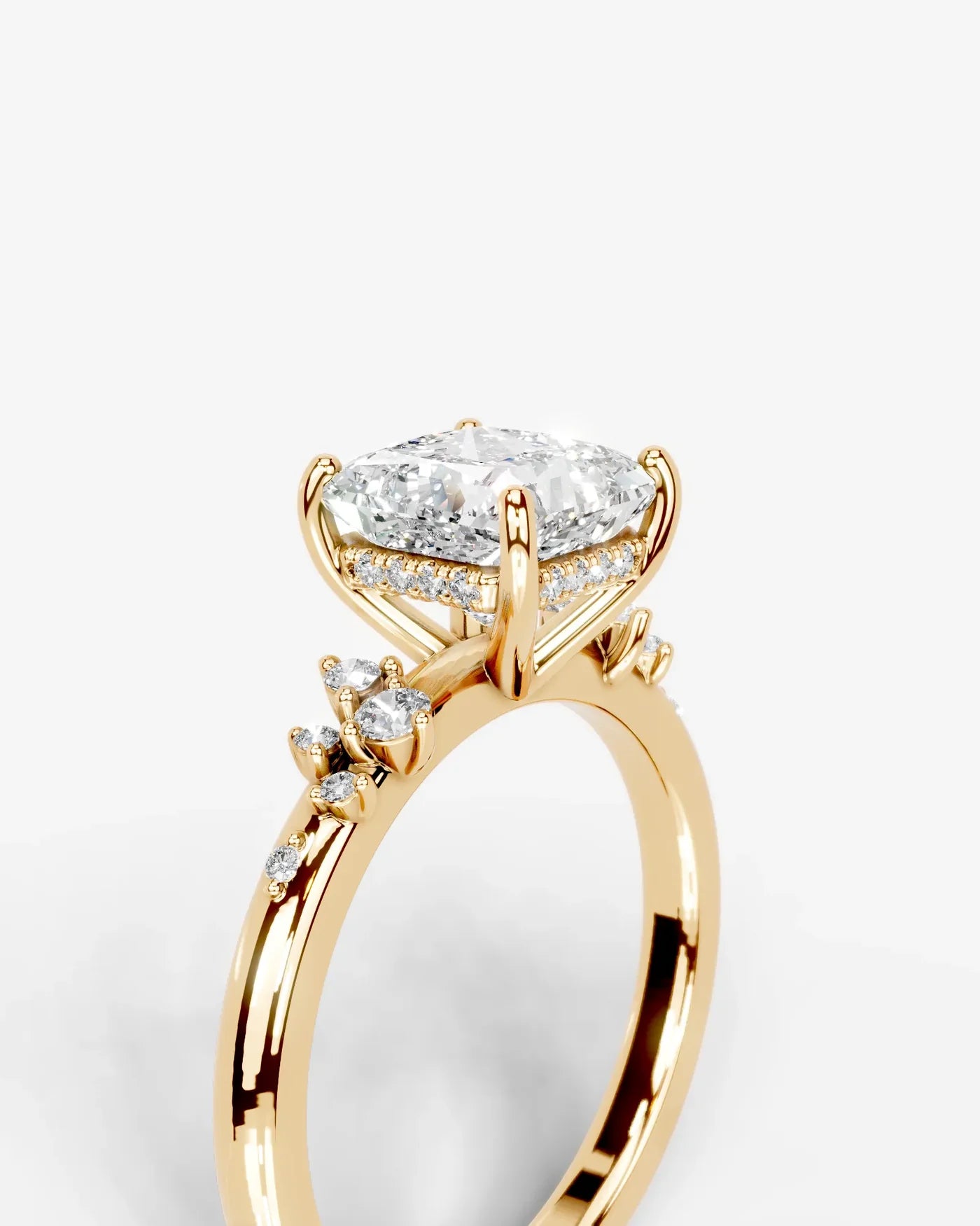 Princess Cut Lab Diamond Engagement Ring with floral side stones and Hidden halo| D VS1