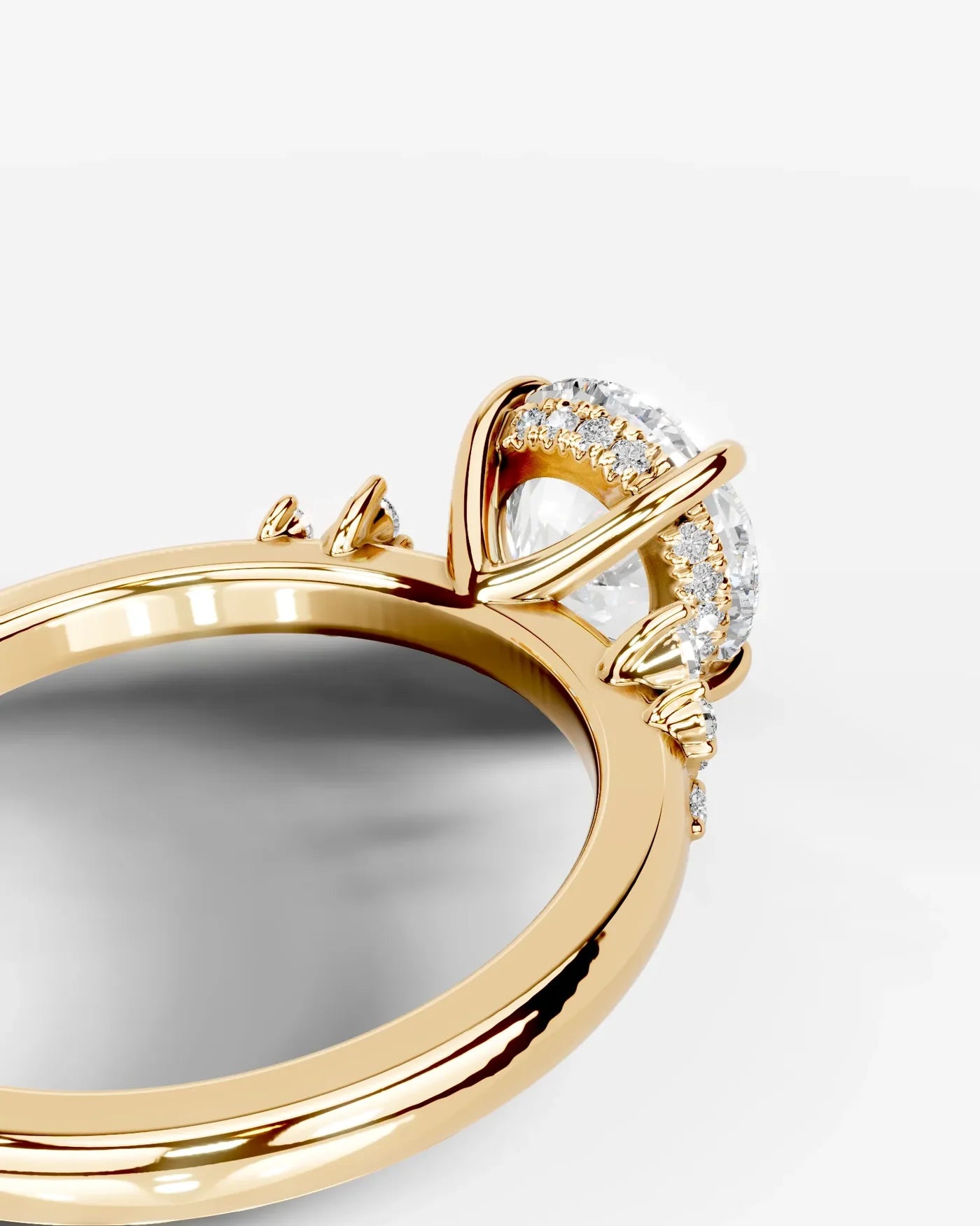 Round Cut Lab Diamond Engagement Ring with floral side stones and Hidden halo| D VS1