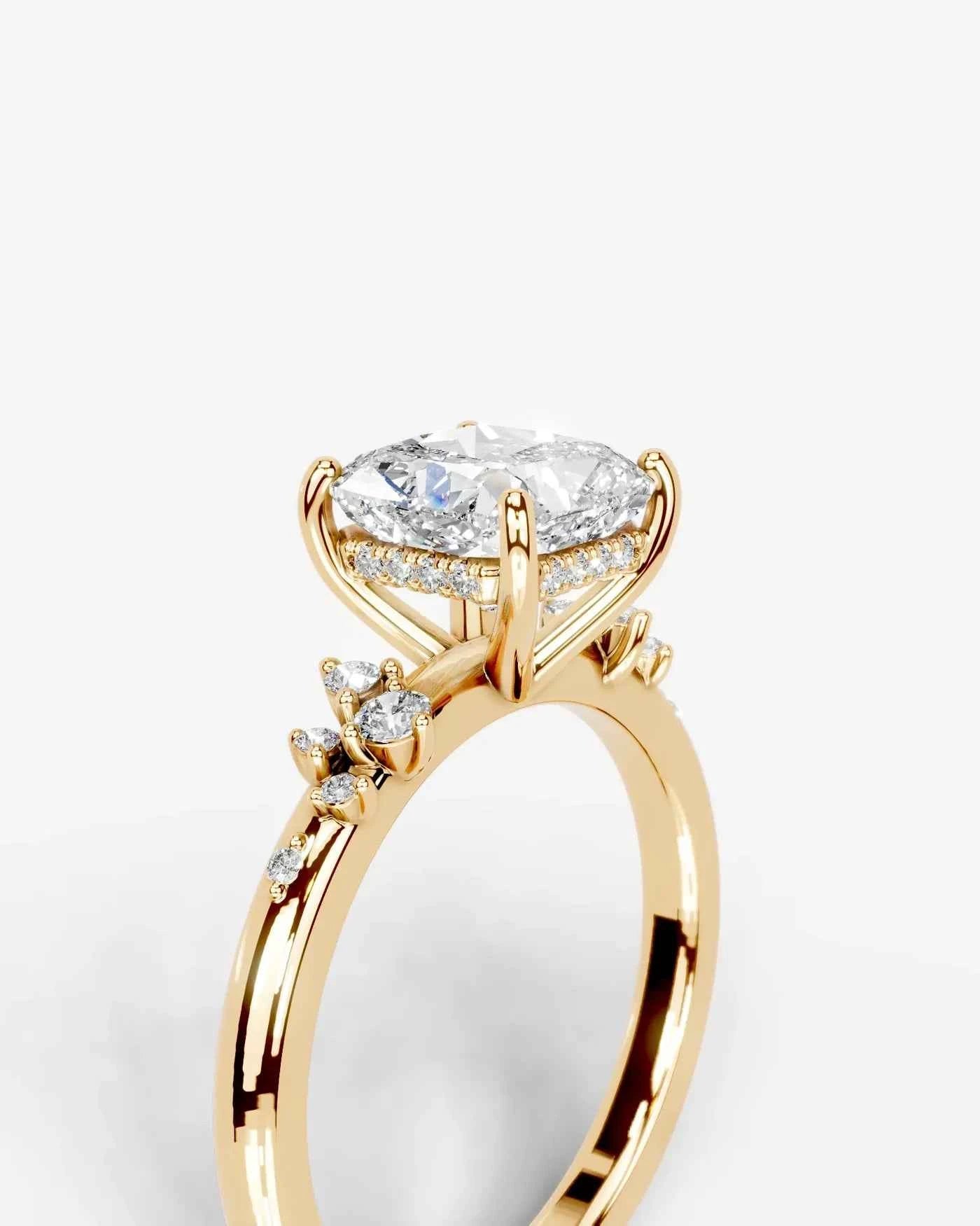 Cushion Cut Lab Diamond Engagement Ring with floral side stones and Hidden halo| D VS1