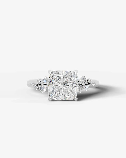 Cushion Cut Lab Diamond Engagement Ring with floral side stones and Hidden halo| D VS1