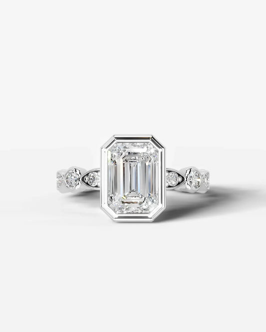 Emerald Cut Lab Diamond bezel Engagement Ring with bezel set side stones| D VS1