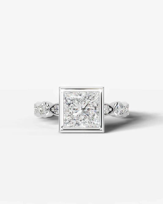 Princess Cut Lab Diamond bezel Engagement Ring with bezel set side stones| D VS1