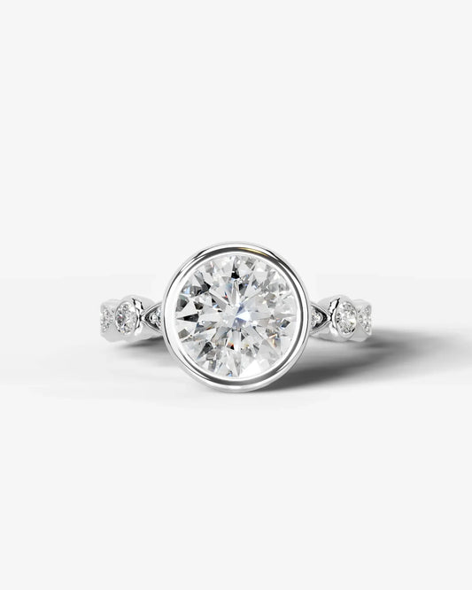 Round Cut Lab Diamond bezel Engagement Ring with bezel set side stones| D VS1