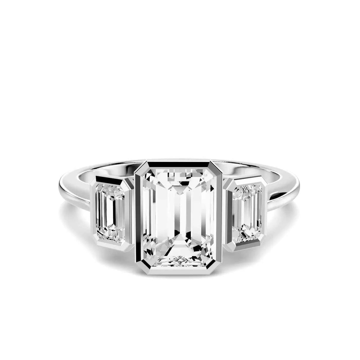 EMERALD THREE STONE BEZEL RING