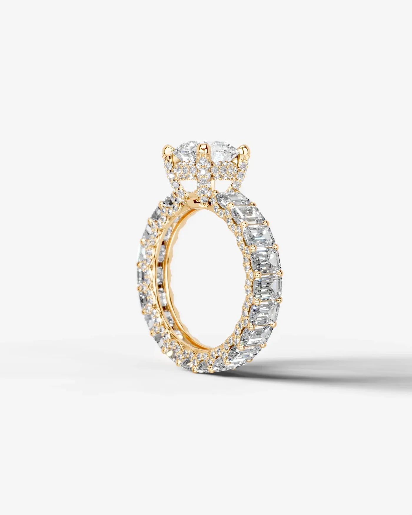 Oval Cut Lab Diamond Engagement Ring with Emerald cut eternity band and Hidden halo| D VS1
