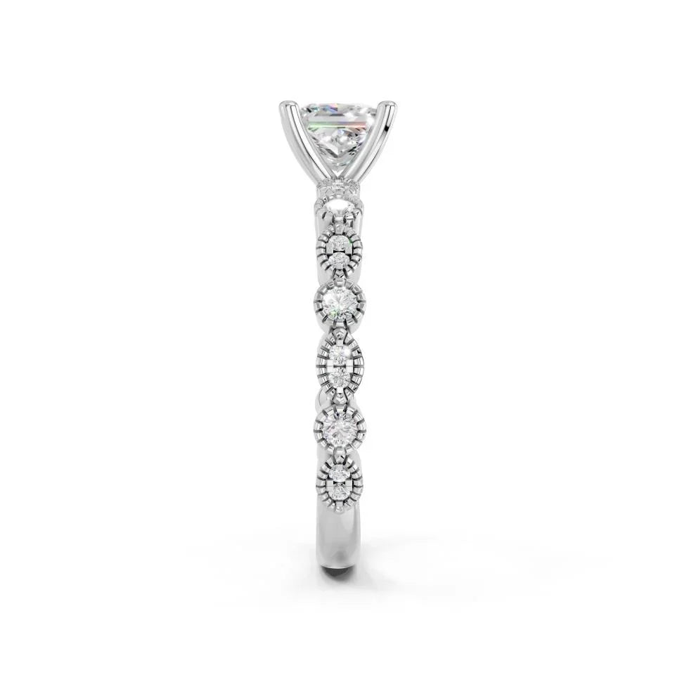 PRINCESS RING WITH MILGRAIN SIDE STONES