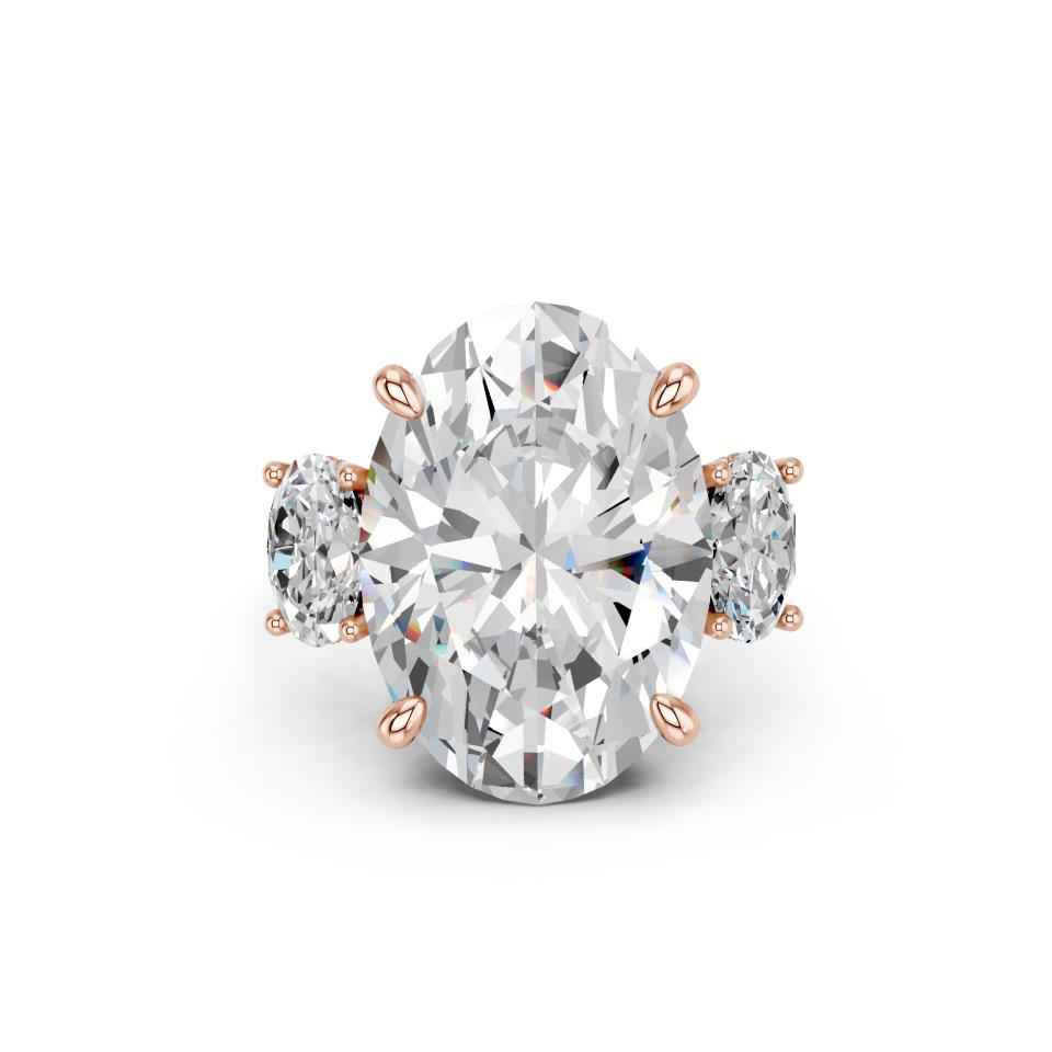 OVAL THREE STONE RING WITH HIDDEN HALO AND PAVE BAND