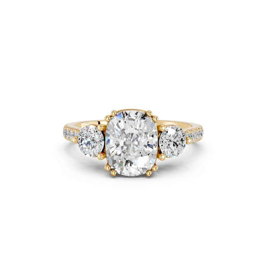 CUSHION THREE STONE WITH PAVE BAND