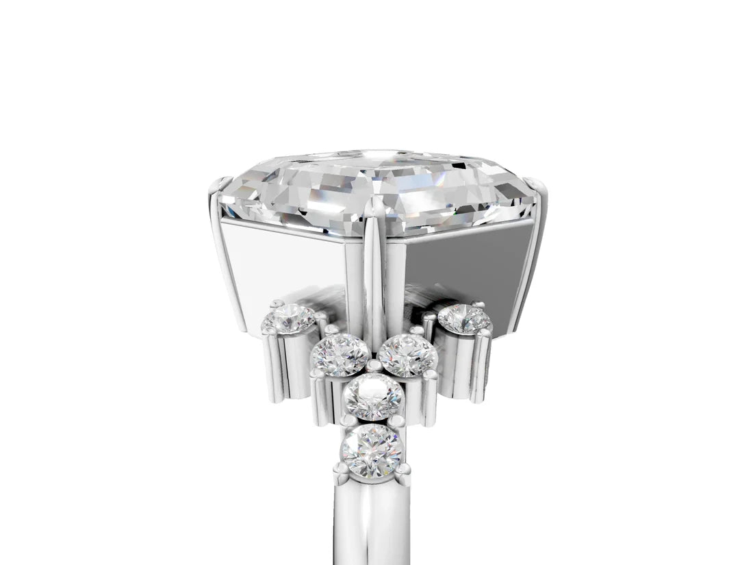 Asscher Cut Lab Diamond Ring with Side Stones and Four-Prong Setting| D VS1