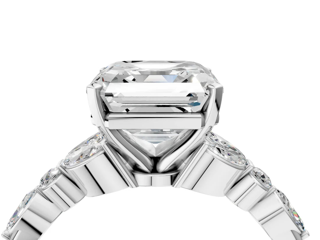 Asscher Cut Lab Diamond Solitaire Ring with Side Stones and Four-Prong Setting| D VS1