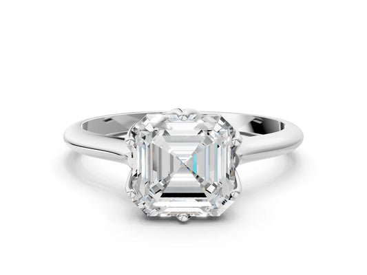Asscher Cut Lab Diamond Solitaire Ring with Flower Prong Setting and Classic Band| D VS1