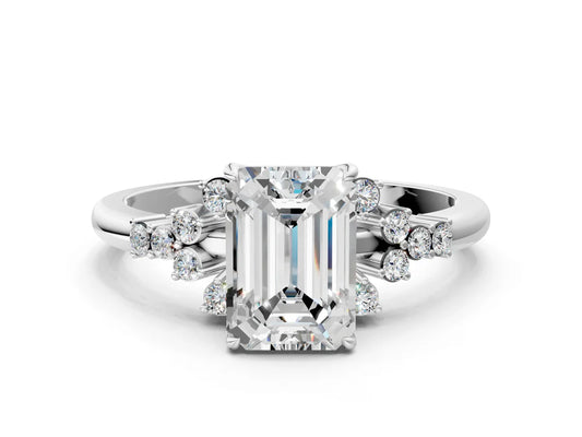 Emerald Cut Lab Diamond Ring with Side Stones and Four-Prong Setting| D VS1