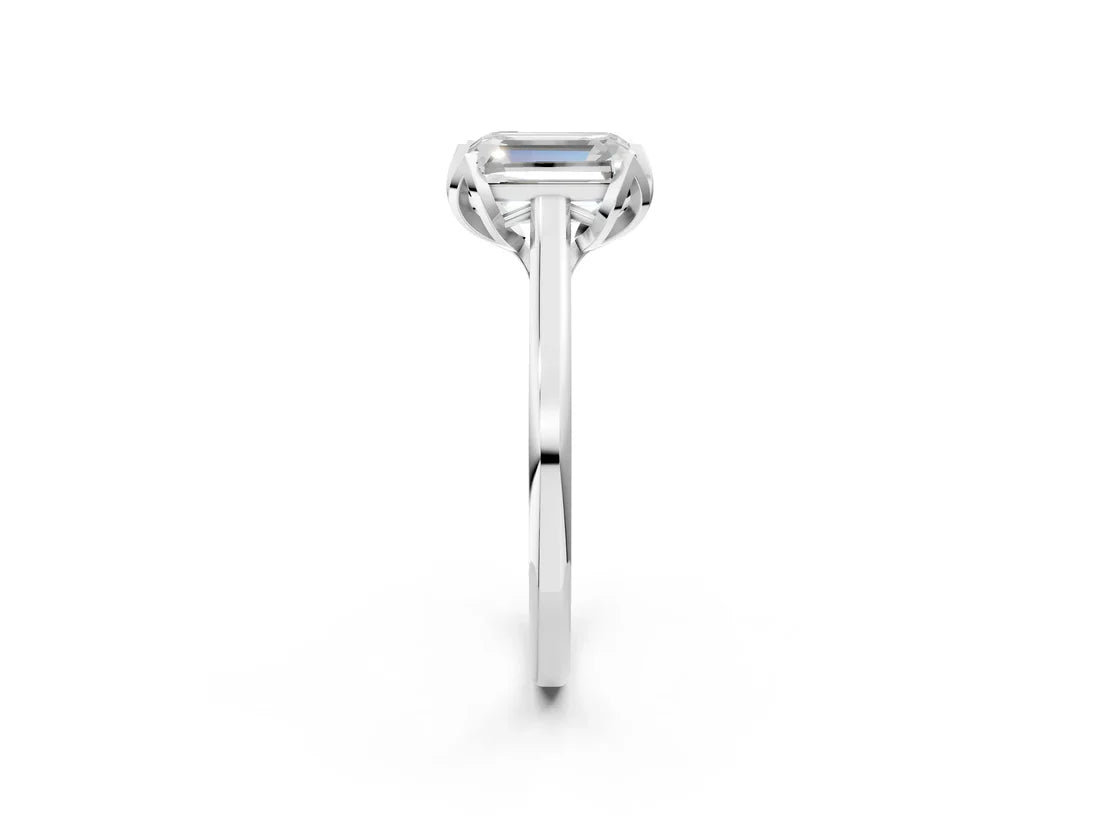 Emerald Cut Lab Diamond Solitaire Ring with Flower Prong Setting and Classic Band| D VS1