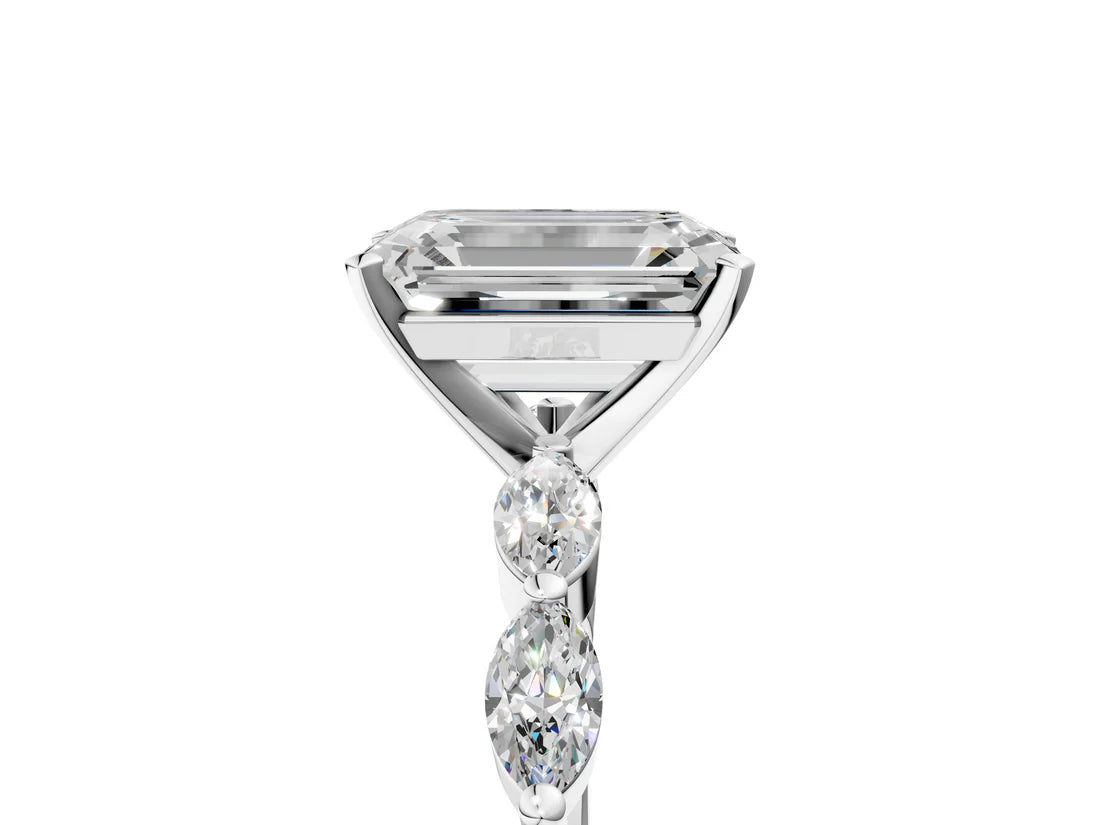 Emerald Cut Lab Diamond Ring with Marquise Side Stones and Prong Setting| D VS1