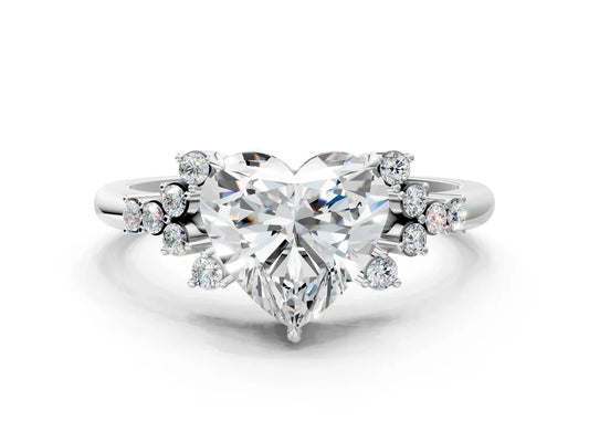 Heart Cut Lab Diamond Ring with Side Stones and Four-Prong Setting| D VS1