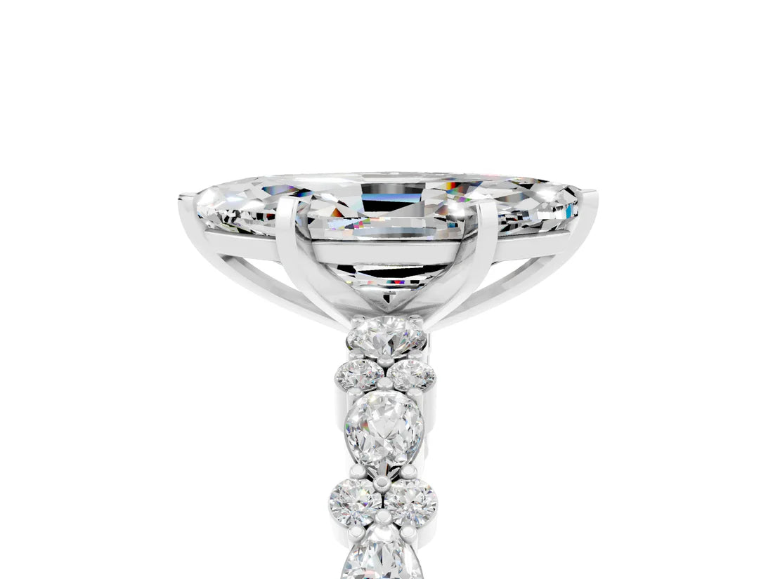 Marquise Cut Lab Diamond Side Stone Solitaire Ring with Round and Four-Prong Setting| D VS1