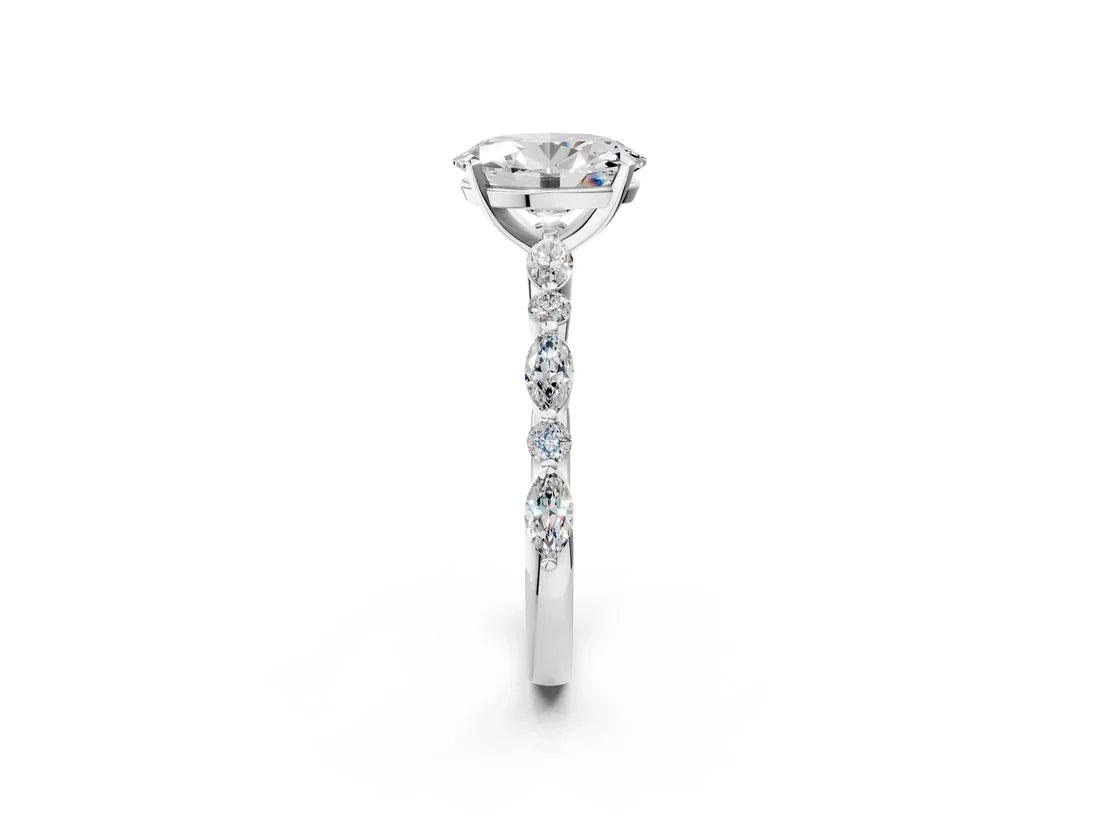 Oval Cut Diamond Ring with Marquise and Round Side Stones and Four-Prong Setting| D VS1