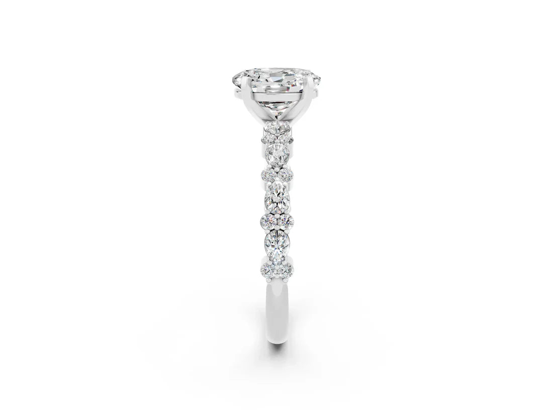 Oval Cut Lab Diamond Side Stone Solitaire Ring with Round and Four-Prong Setting| D VS1