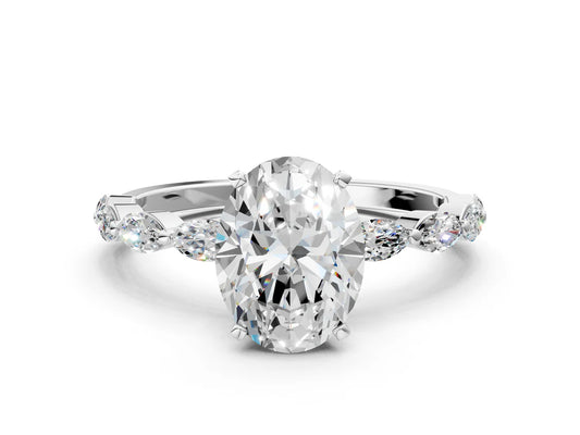 Oval Cut Lab Diamond Ring with Marquise Side Stones and Prong Setting| D VS1