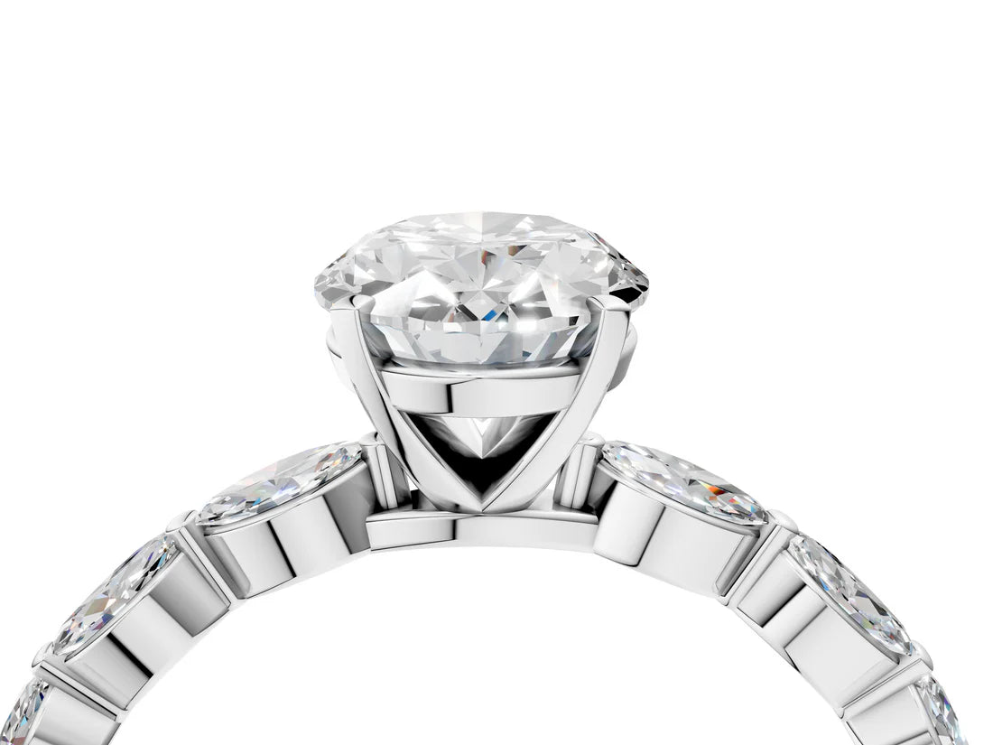 Oval Cut Lab Diamond Ring with Marquise Side Stones and Prong Setting| D VS1